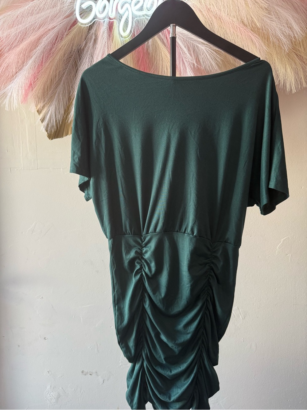 Womens Dark Green Ruched Short Sleeve Top